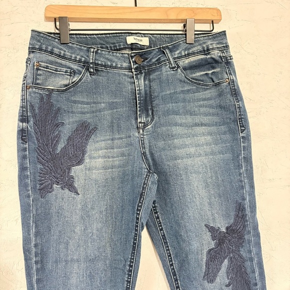 Kensie Women's Blue Denim Jeans Embroidered Bird Design Mid Rise skinny Sz 8 - Picture 3 of 12
